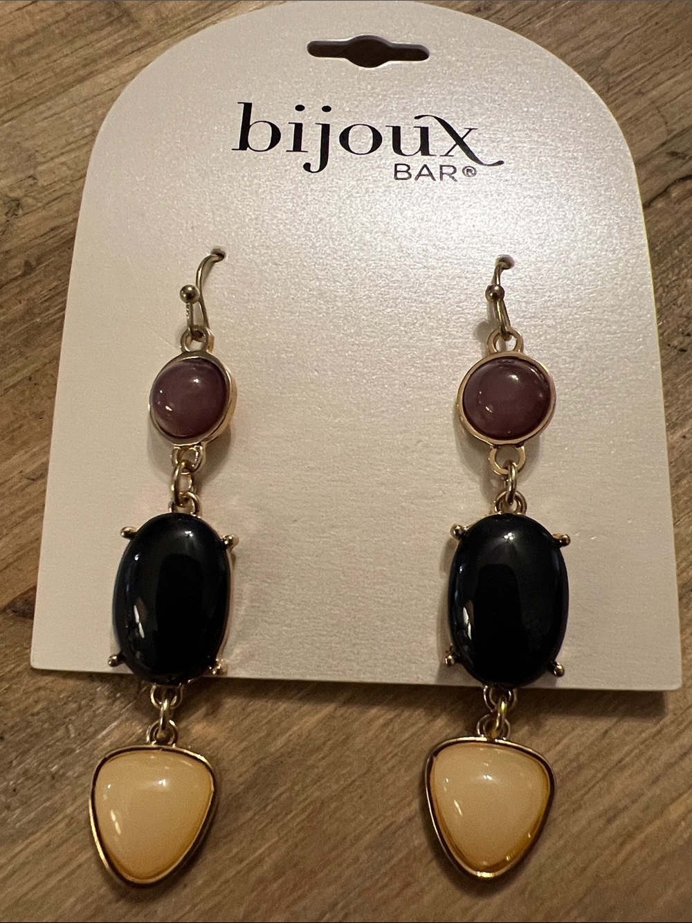 3/$18 Gold-Tone Drop Earrings with Black, Mauve and Cream Stones Lot 2181